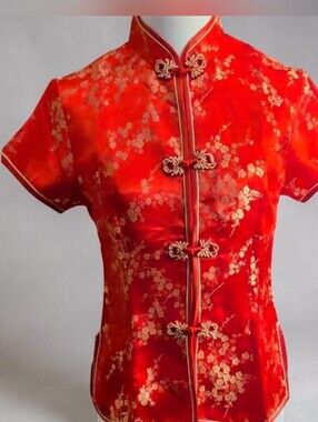 Women's Red Satin Button-Down Top with Mandarin Collar